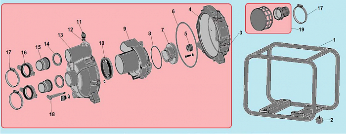 1 КОРПУС - УЛИТКА -САЛЬНИК - КРЫЛЬЧАТКА МОТОПОМПА CHAMPION GTP80